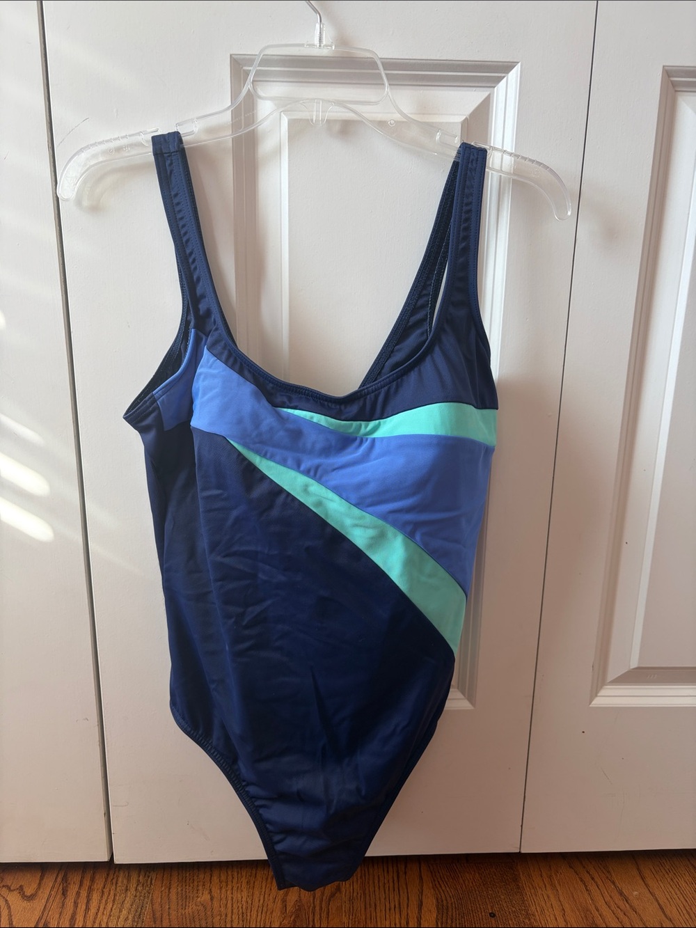 Miraclesuit Navy One-Piece Swimsuit with Aqua and Light Blue Panels Size 14